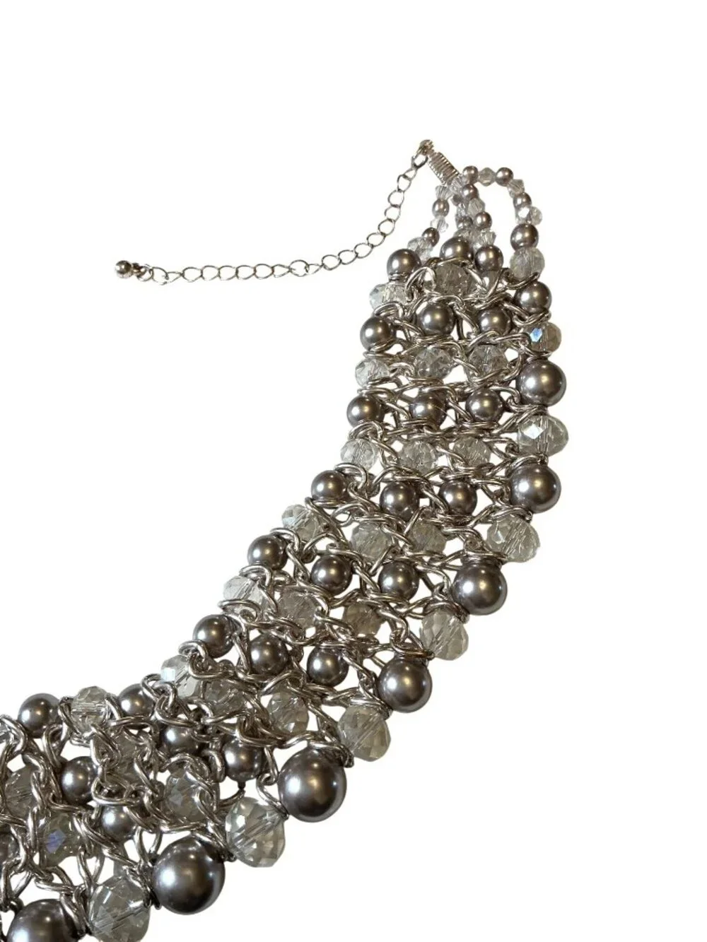 Chain Mail Bib Collar Necklace With Beads Silver-Tone Statement Jewelry